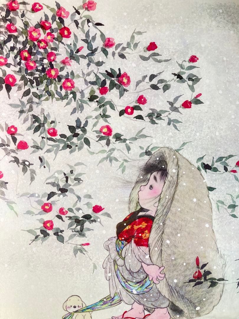 【真作保証】中島潔「寒椿」リトグラフ 直筆サイン 版画 絵画 額装 あずま工芸