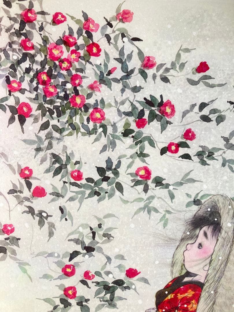 【真作保証】中島潔「寒椿」リトグラフ 直筆サイン 版画 絵画 額装 あずま工芸