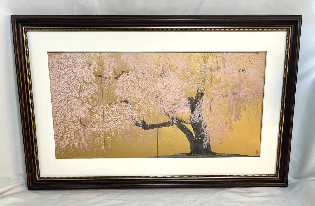 【新品】中島千波 『醍醐寺三宝院枝垂桜..』ポスター 複製　セピア額付　 金背景