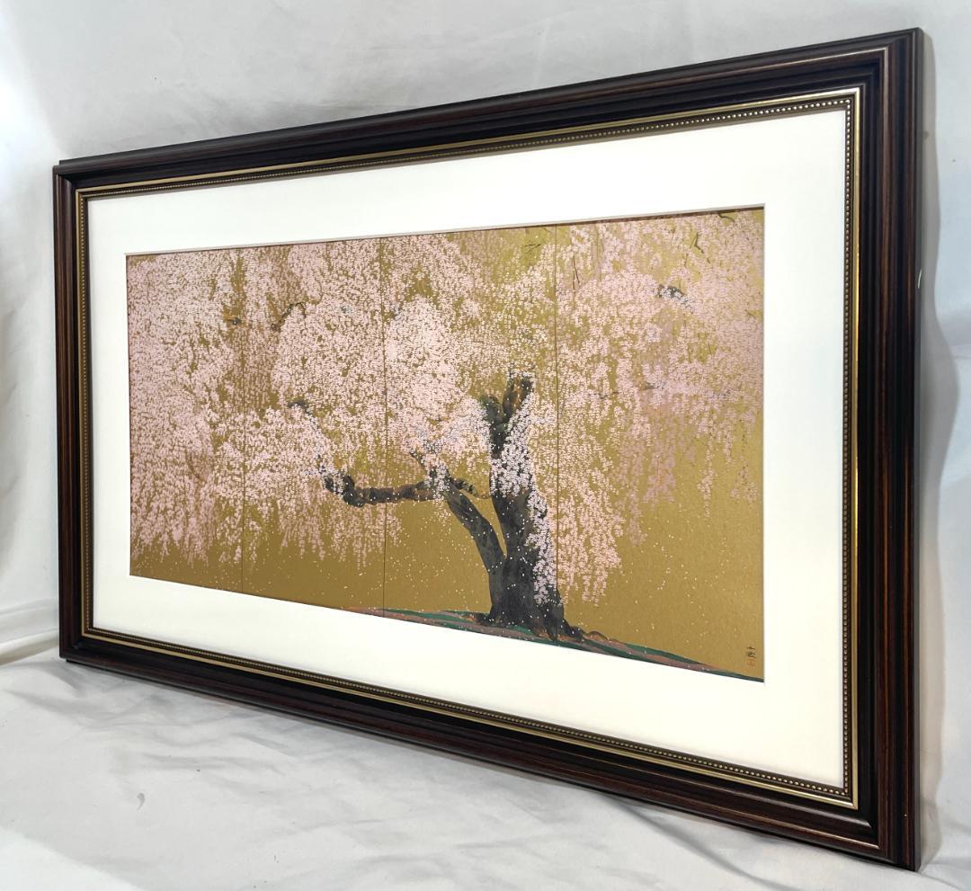 【新品】中島千波 『醍醐寺三宝院枝垂桜..』ポスター 複製　セピア額付　 金背景