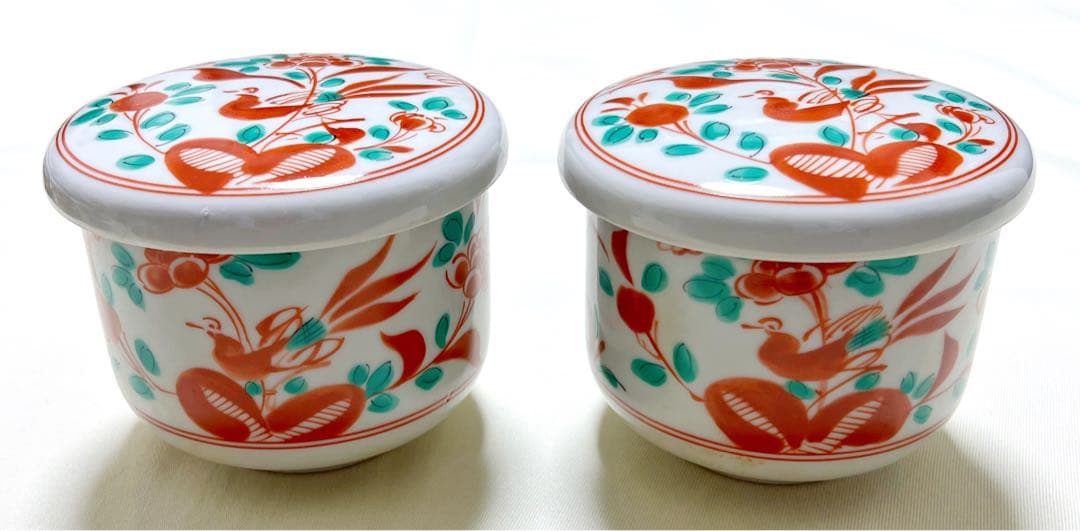 未使用　たち吉　橘吉　赤絵花鳥文　茶碗蒸し器　蓋付き煮物碗　5客セット