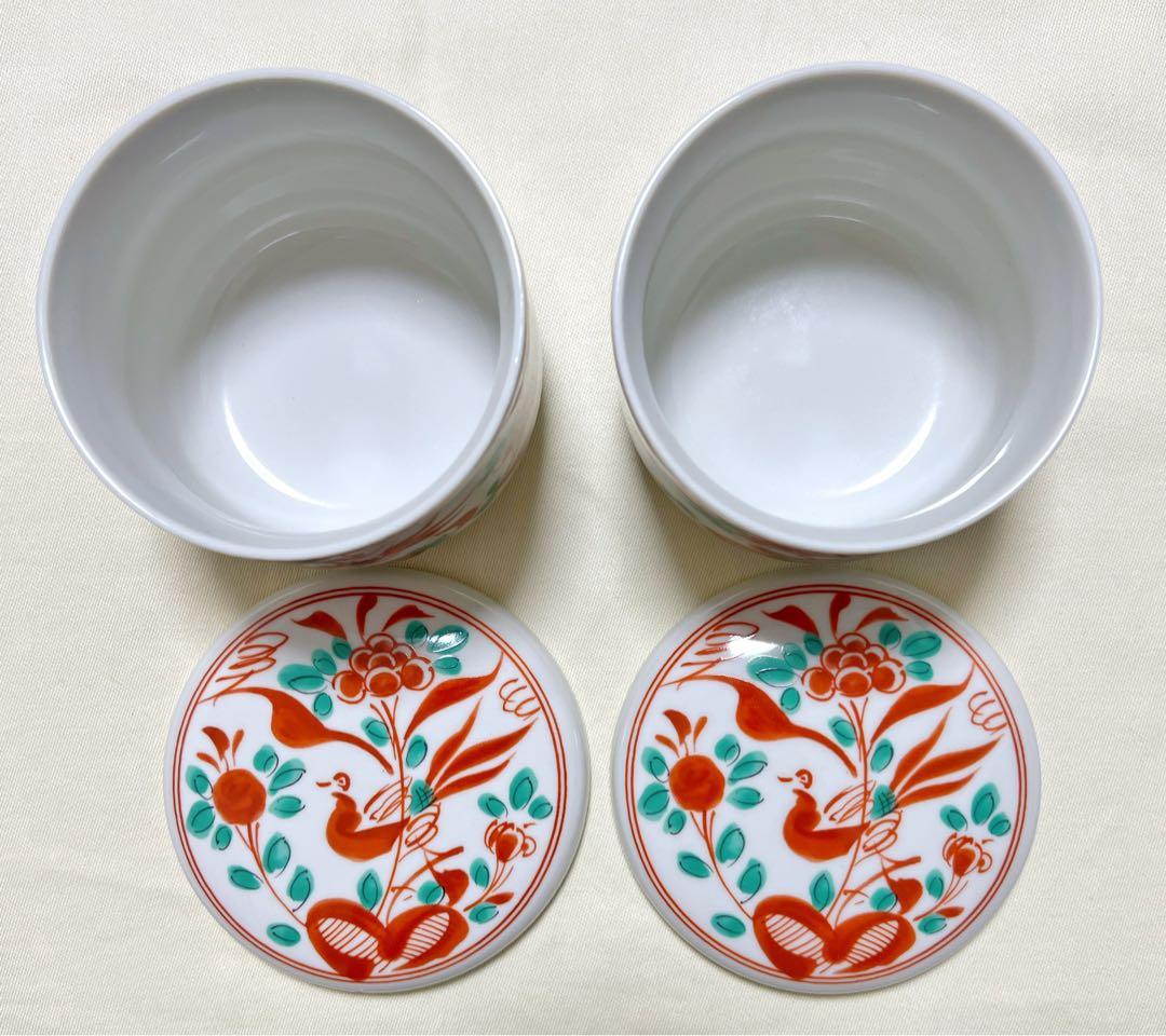 未使用　たち吉　橘吉　赤絵花鳥文　茶碗蒸し器　蓋付き煮物碗　5客セット