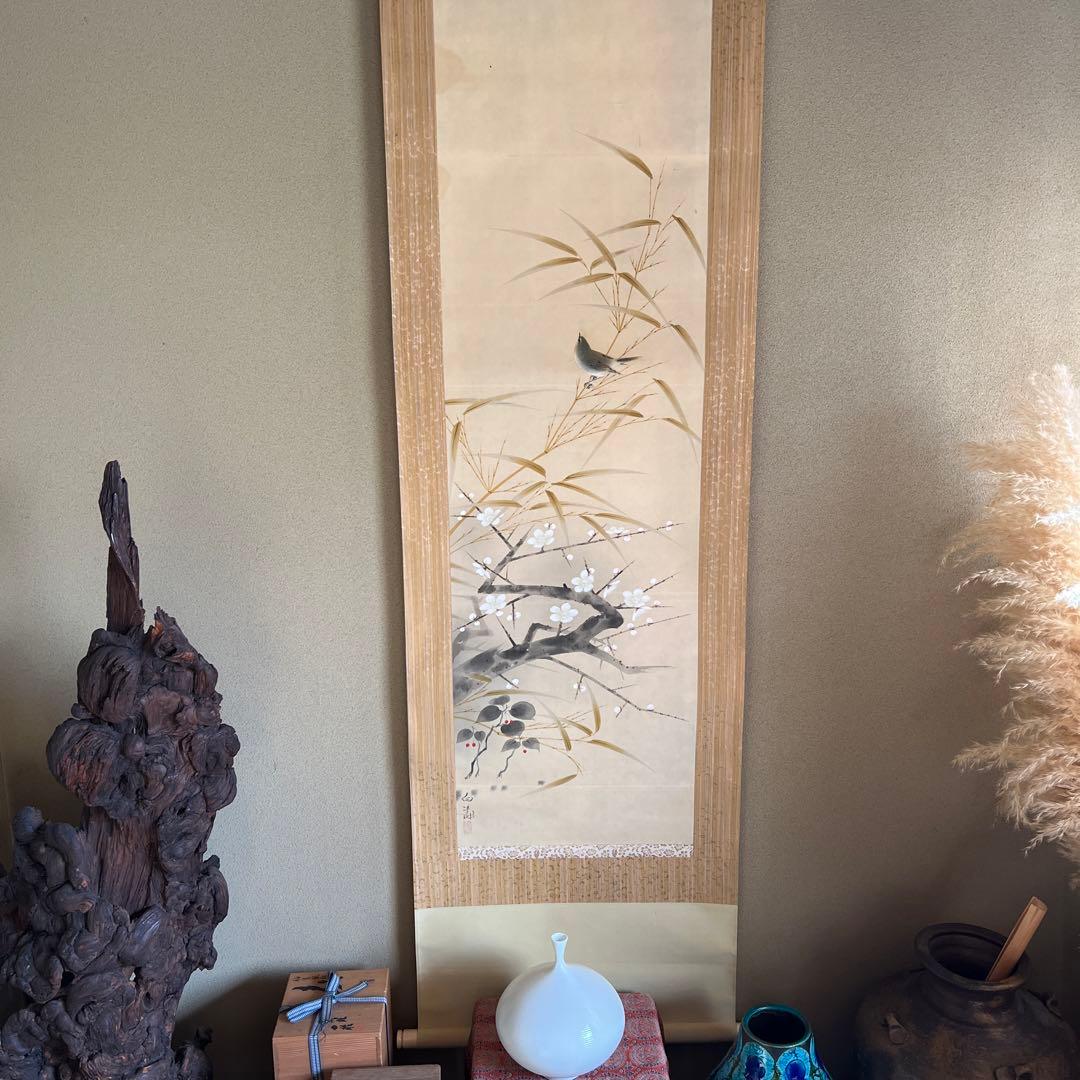 掛軸　明治に活躍した画人白濤　早春共箱　表装し直しました美品　しみあり