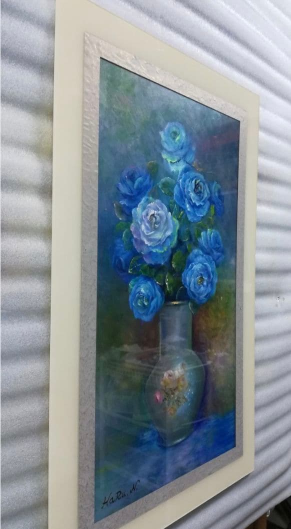 画家 HaRu 花 薔薇 ばら バラ 花瓶 絵画 油絵 アクリル 額縁