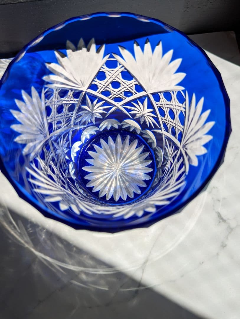 フラワースタンド 創作ガラス 藍色切子 曽根工芸　樋口陽久デザイン
