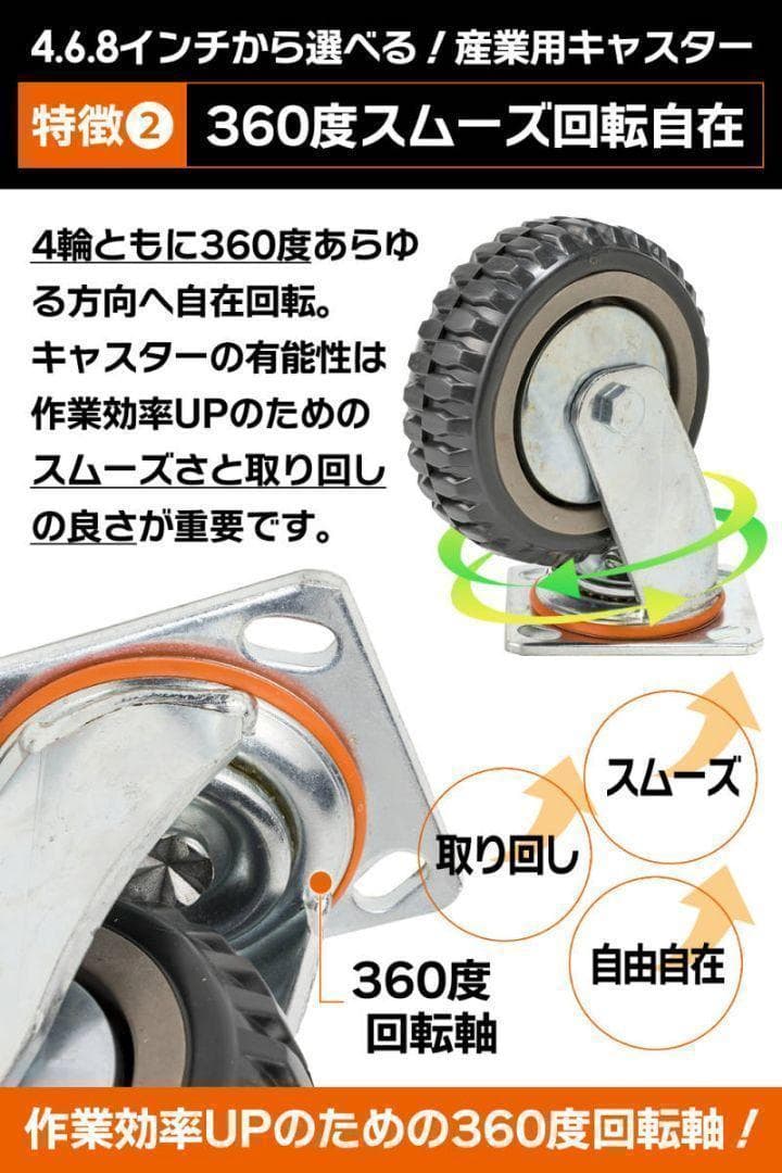 産業用キャスター 6インチ 4個 ブレーキ有×2個 ブレーキ無×2個 1784