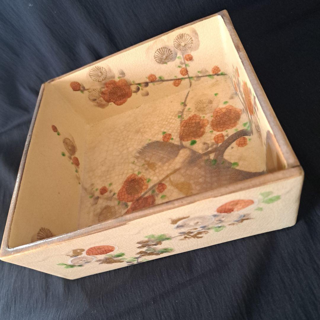 「京焼の美 \"雲楽\"(うんらく)の菓子鉢」 色絵角鉢(幅20cm) 骨董アンティ