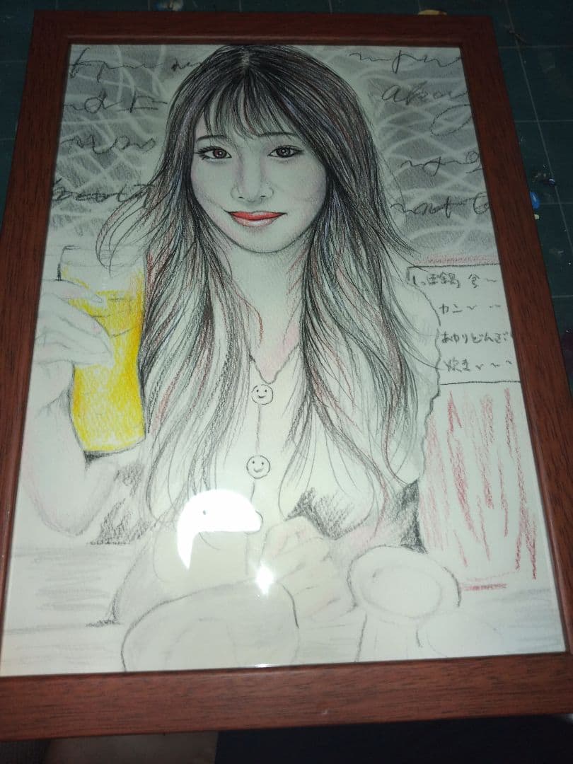 絵画、美人画、人物画A4サイズ、注文画、色鉛筆、水彩絵具、新品額縁。プレゼント用