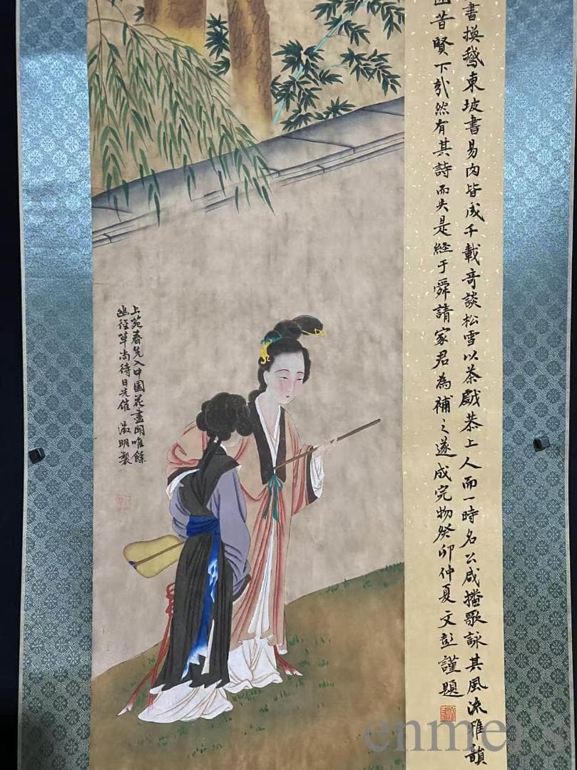 中国古美術『文徴明款 人物画』宣紙 三尺中堂画 肉筆 水墨画 旧蔵 掛け軸 模写