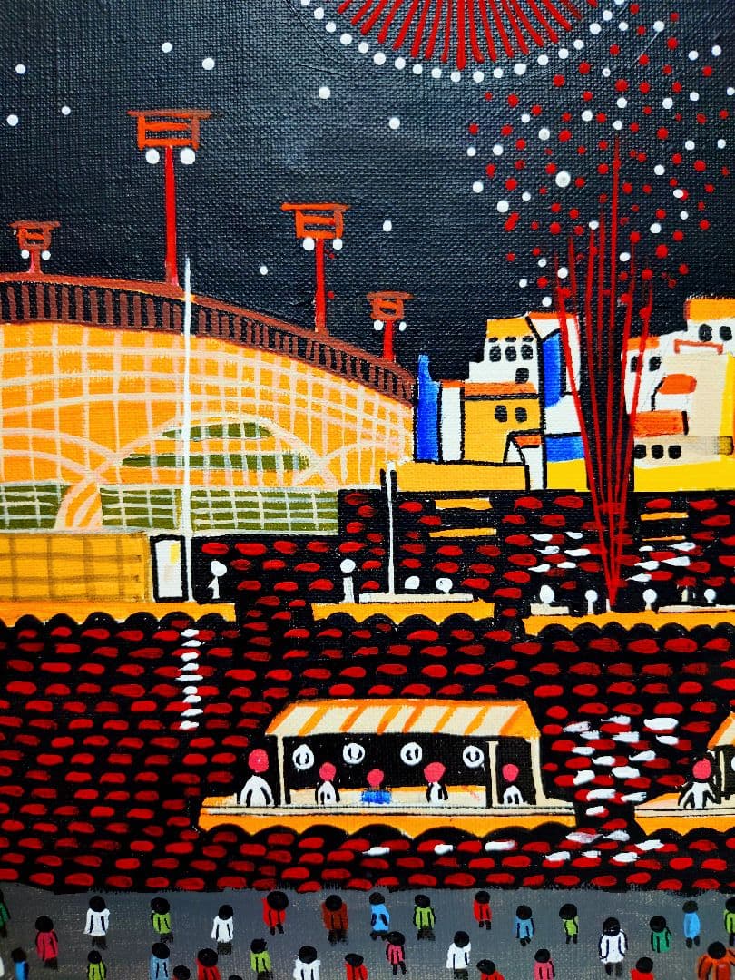 【F6号】山下清【両国の花火】手描き/表裏サイン・共シール有り/油彩/油絵/額縁