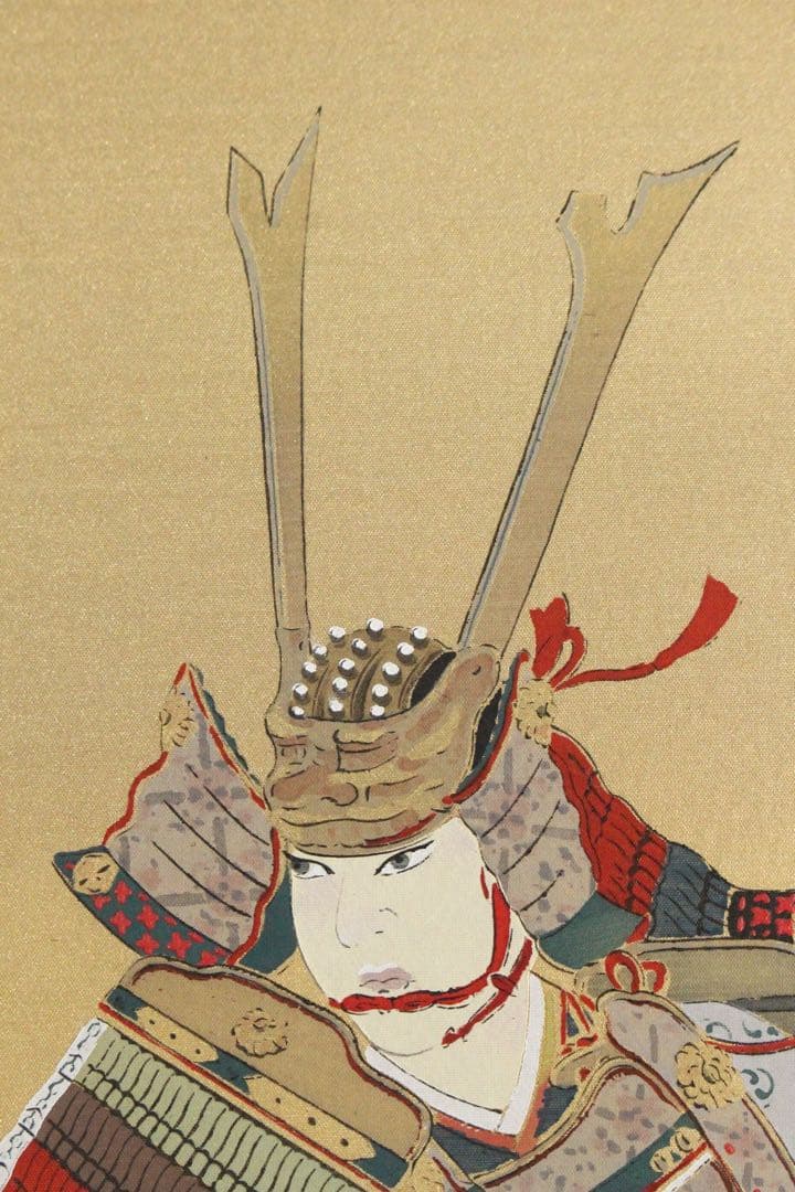 No5946 掛軸　山田邦人　「武者」　絹本着色　共箱　人物　日本画　送料無料