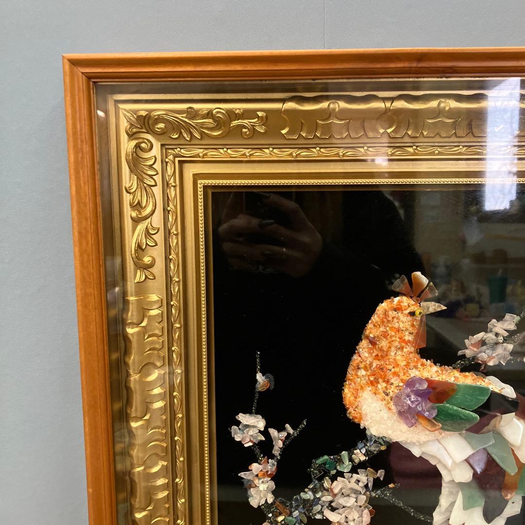 開運 縁起物 天然石アート 石画 鳳凰 額装 豪華ゴールドフレーム 壁掛け