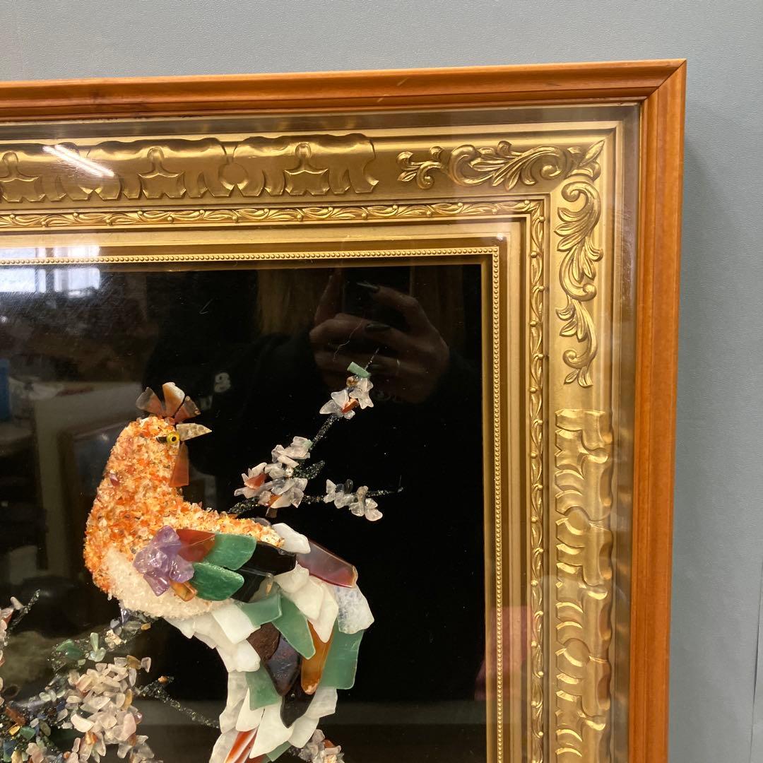 開運 縁起物 天然石アート 石画 鳳凰 額装 豪華ゴールドフレーム 壁掛け