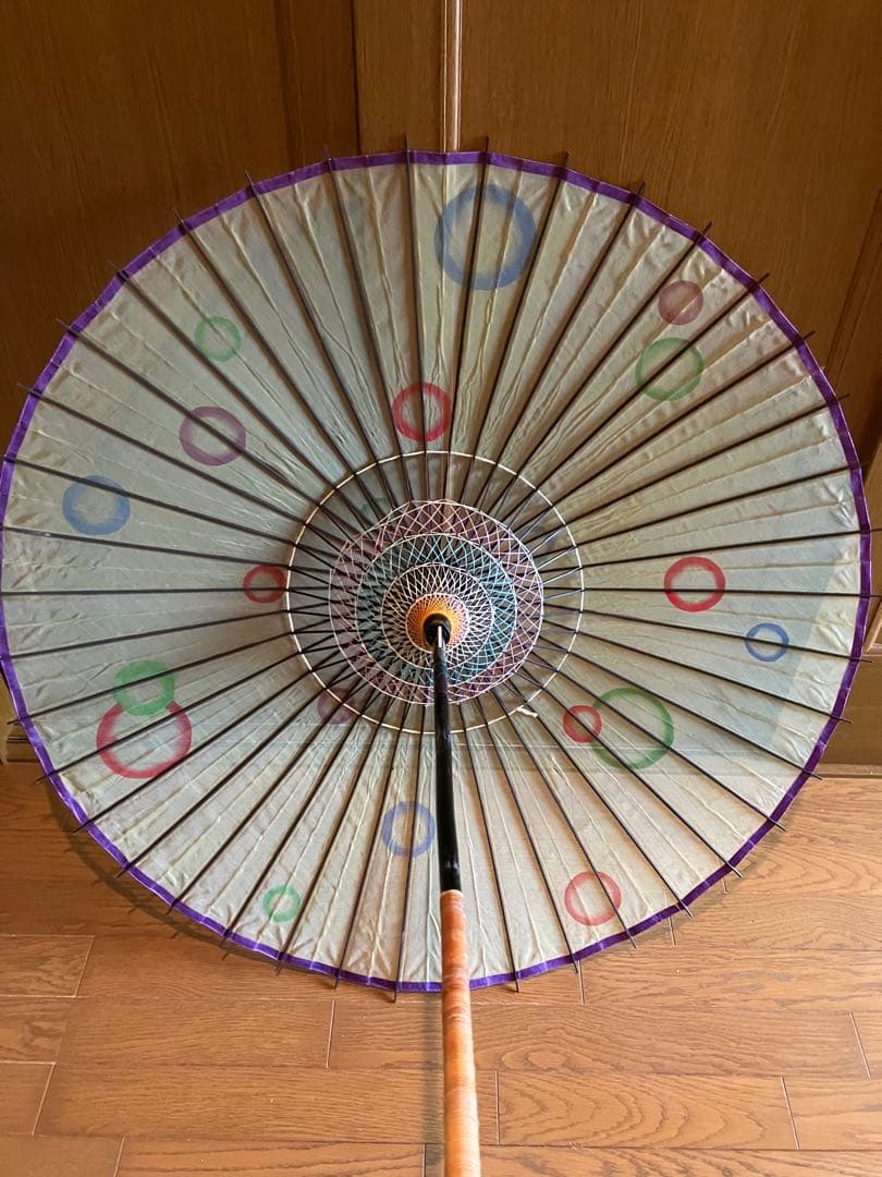 和傘　舞踊傘　絹張り黄色地水玉描き絵傘　日本舞踊　玉屋