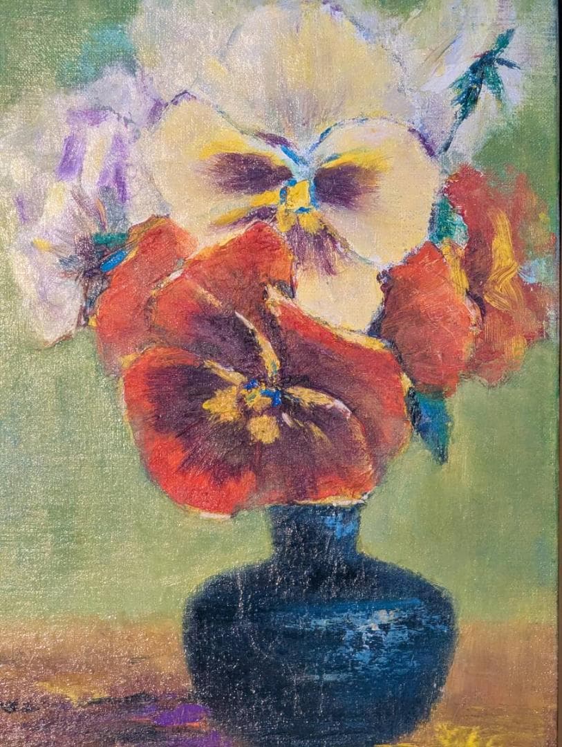 【真作】絵画　山内正一　油彩4号　パンジー　花瓶の花　静物画　希少　Z7