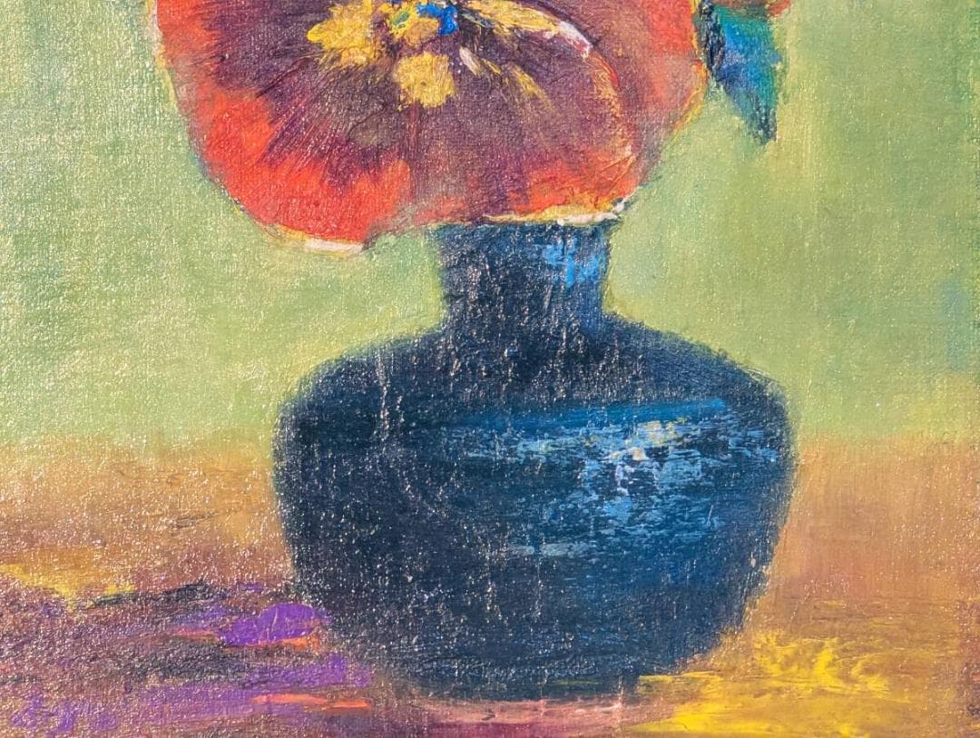 【真作】絵画　山内正一　油彩4号　パンジー　花瓶の花　静物画　希少　Z7