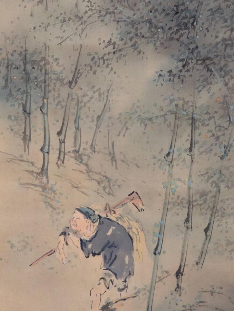 【真作】掛軸　竹林人物図　静寂に佇む風雅の景　幽玄の趣を描く一幅　共箱入　V12