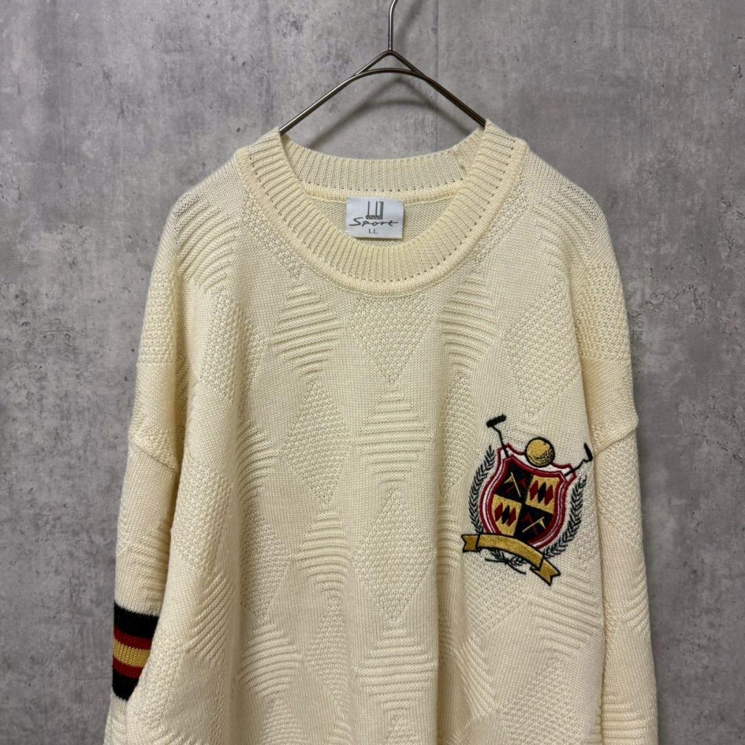 ✴️ダンヒルスポーツ　ゴルフ　ニット　刺繍　アーガイル柄　アイボリー　LL