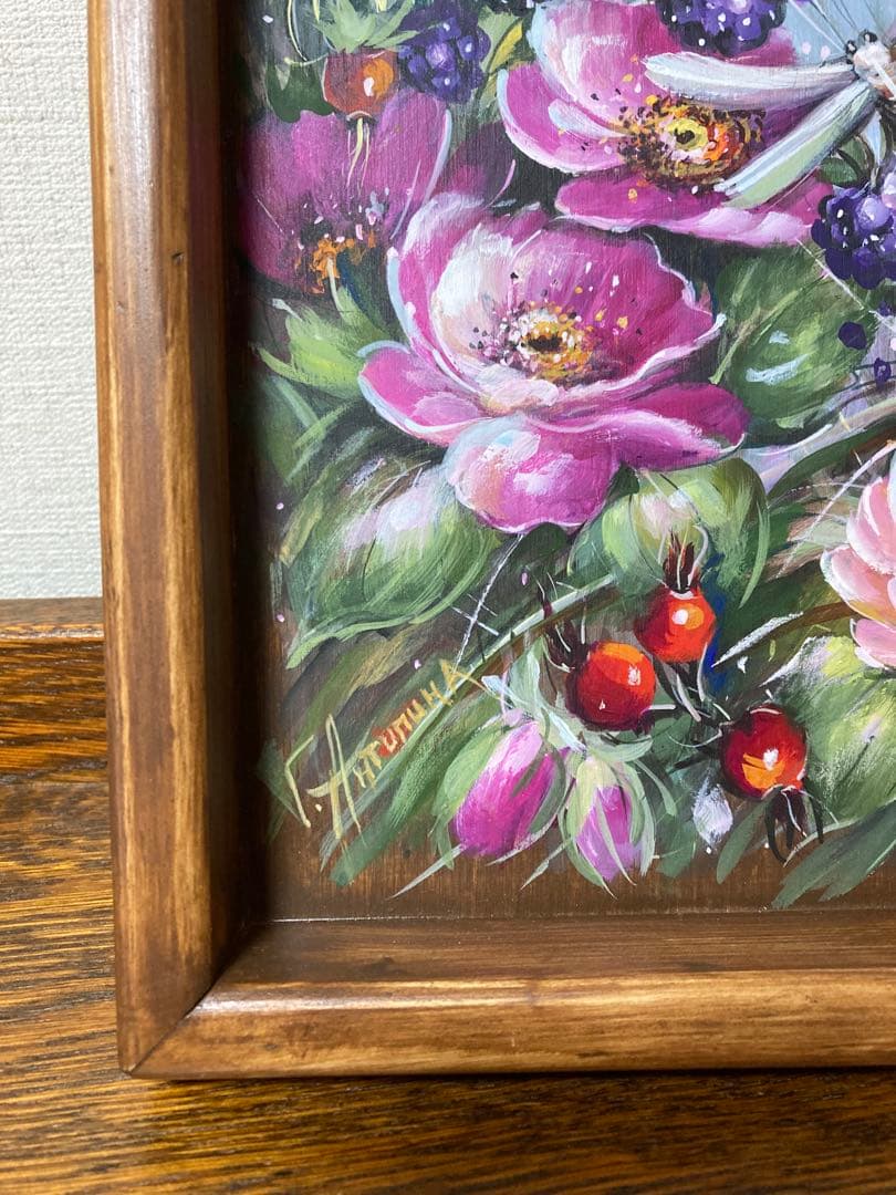 ロシア雑貨☆木製トレイ『ローズヒップの茂みの中』飾り皿マトリョーシカ ガリーナ作