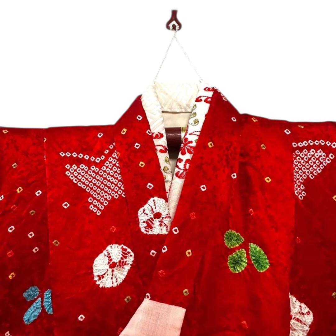 七五三 7歳 正絹 絞りの着物と長襦袢セット 蝶と花柄 超美品　お誂え品
