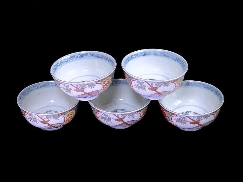 古伊万里　色絵　竹に雀図　向付　りん茶碗　５客　A507AS-fbvt
