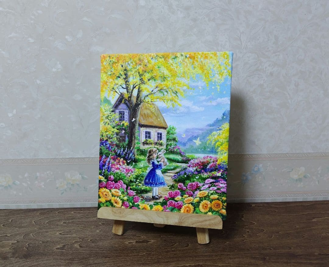 【ミモザの咲く家】アクリル画 F3 風景画 絵画