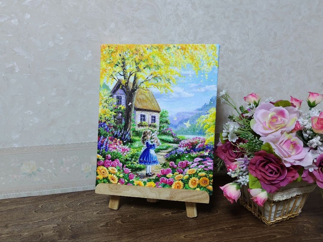 【ミモザの咲く家】アクリル画 F3 風景画 絵画