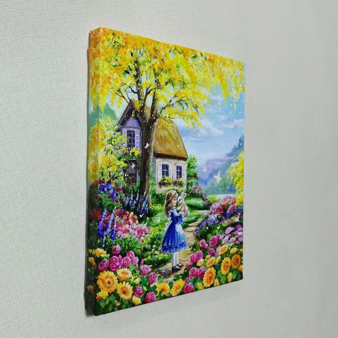 【ミモザの咲く家】アクリル画 F3 風景画 絵画