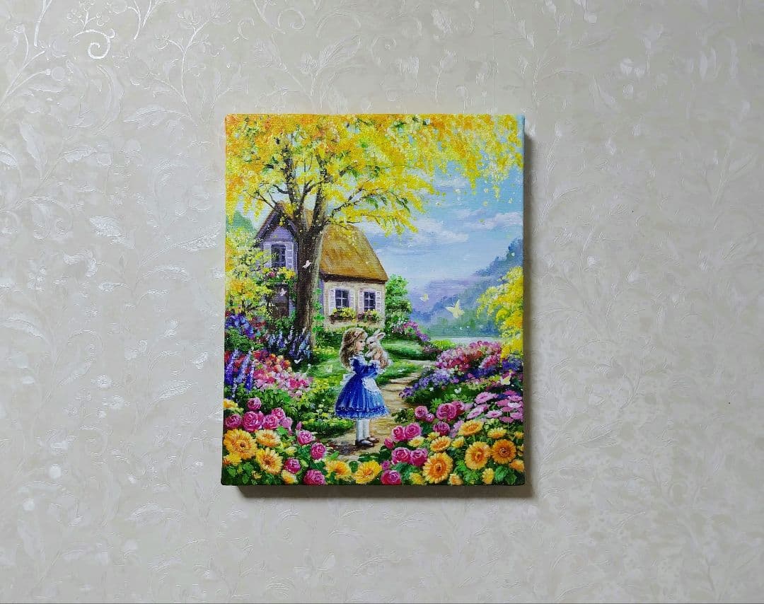 【ミモザの咲く家】アクリル画 F3 風景画 絵画