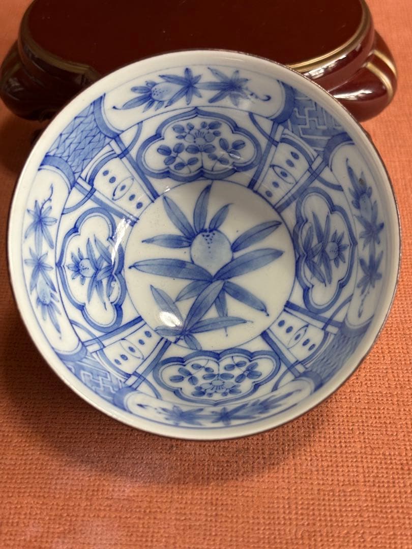 江戸期藍柿右衛門柘榴牡丹花窓割文黒天目碗　稀少品