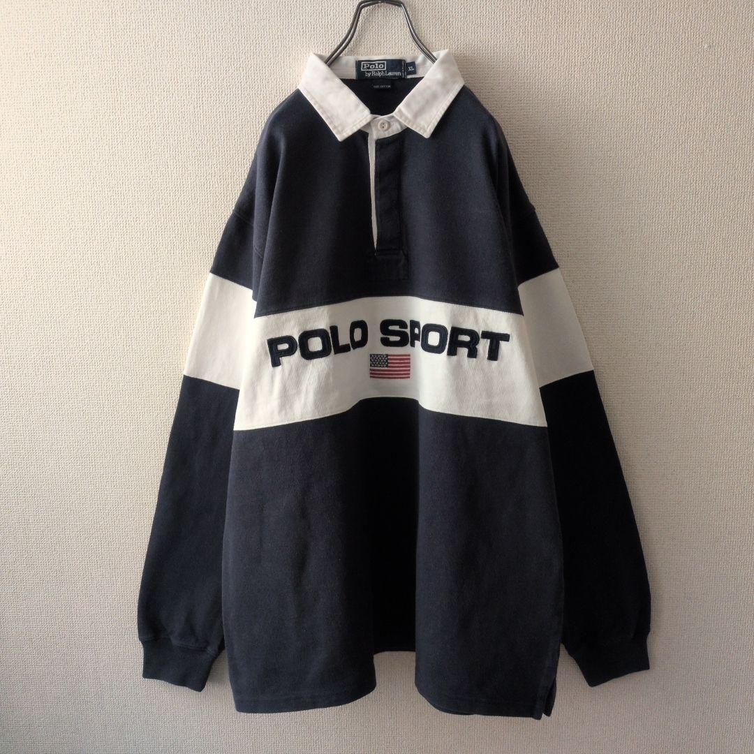 90s ポロバイラルフローレン 刺繍センターロゴ ラガーシャツ XL 紺×白