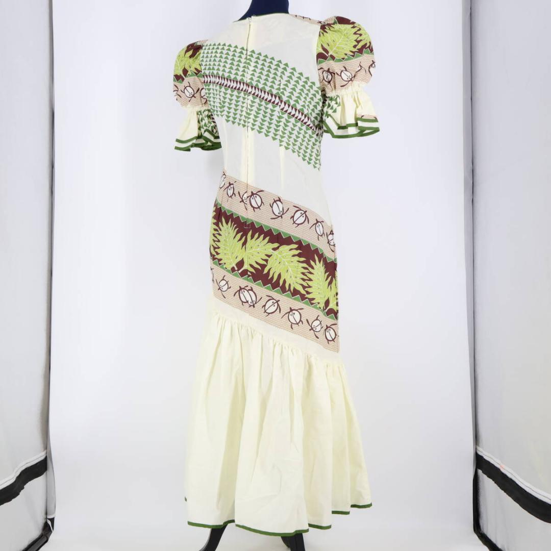 【美品 ハワイ製 フラダンス衣装】アイボリー ワンピース ドレス ホヌ柄 白 茶