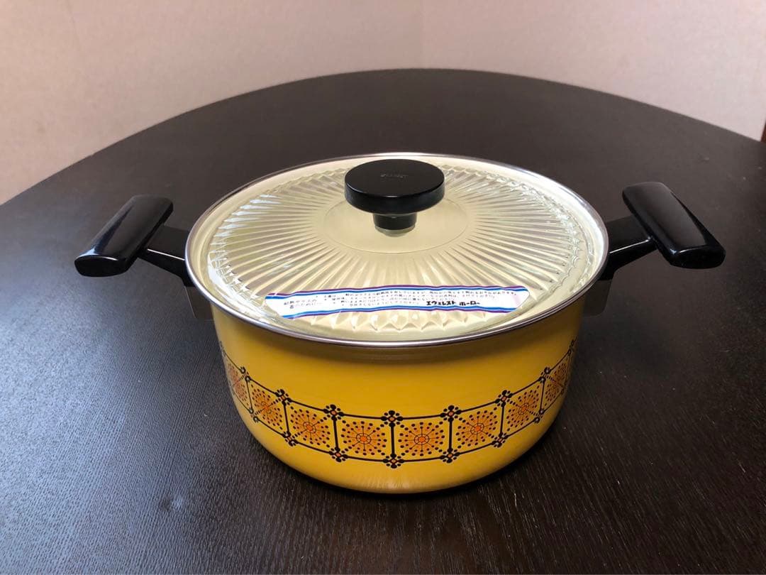 エヴェレスト　ホーロー　両手鍋　 イエロー 20cm ガラス蓋　琺瑯　昭和レトロ