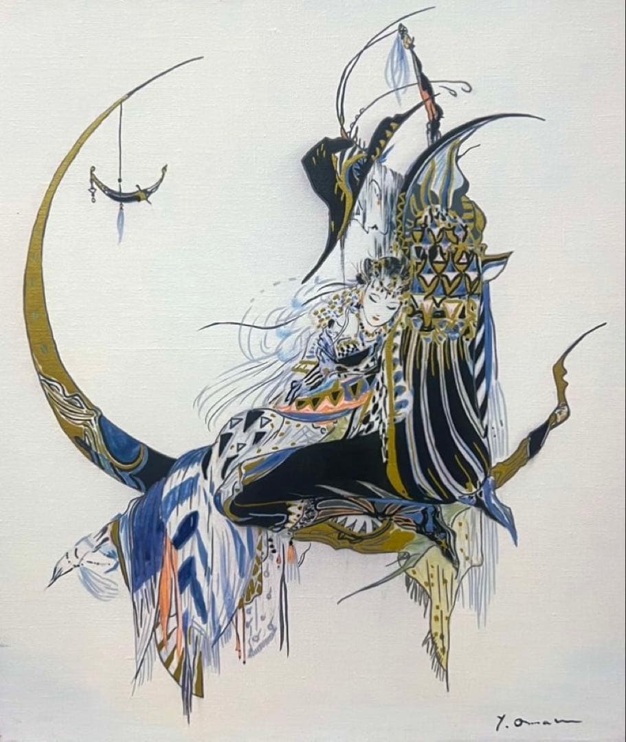 【F10】天野喜孝 /肉筆品/表裏サイン有り/手描き/アクリル/油絵/絵画/額付