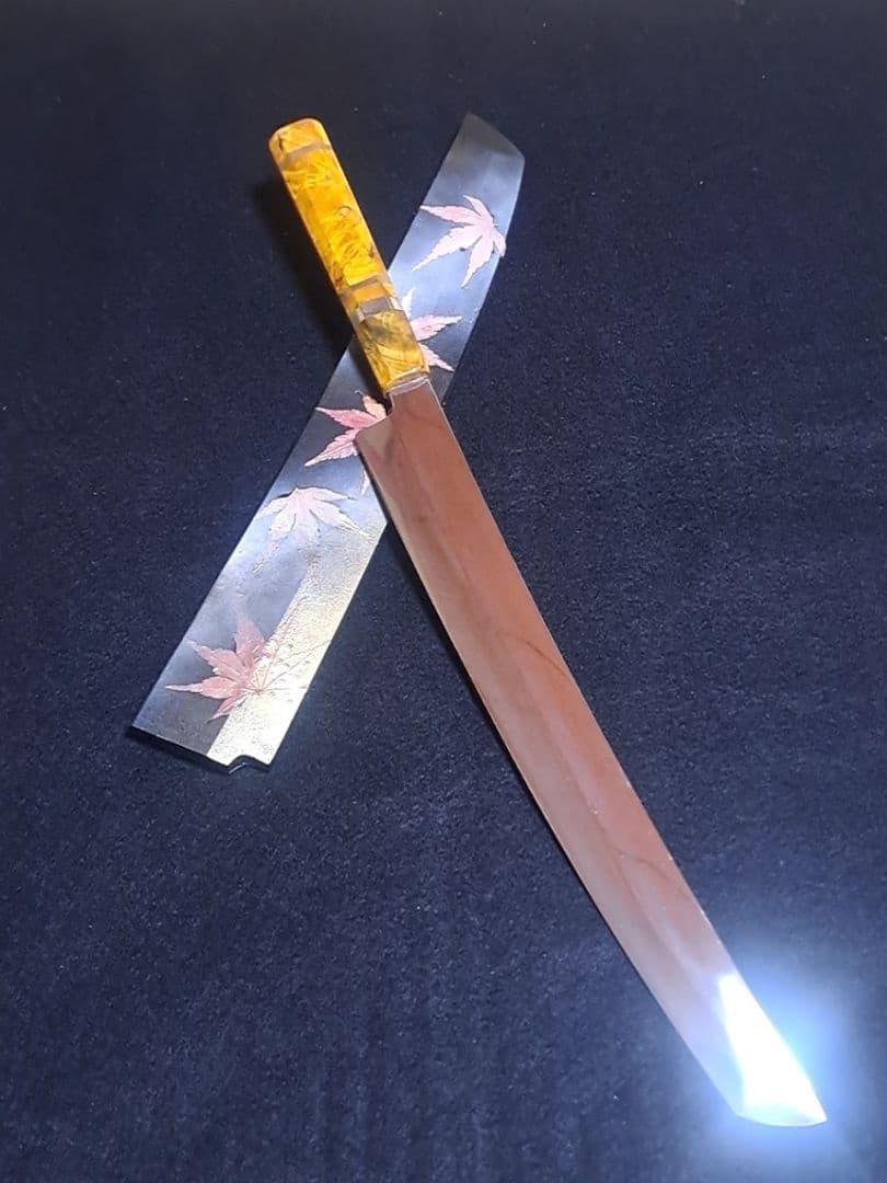 本焼 先丸 尺1寸 富士波紋 全鏡面 柳刃 スタビライズドウッド オリジナル鞘