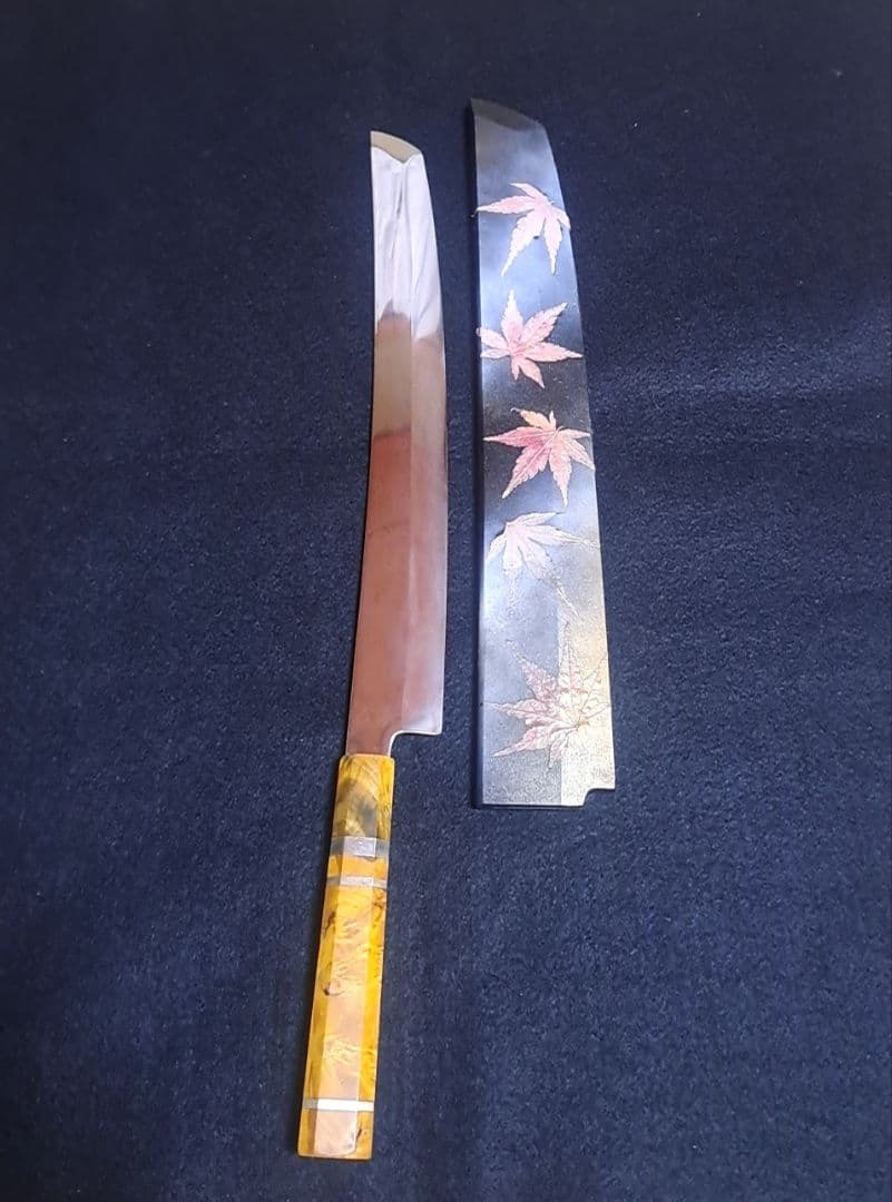 本焼 先丸 尺1寸 富士波紋 全鏡面 柳刃 スタビライズドウッド オリジナル鞘
