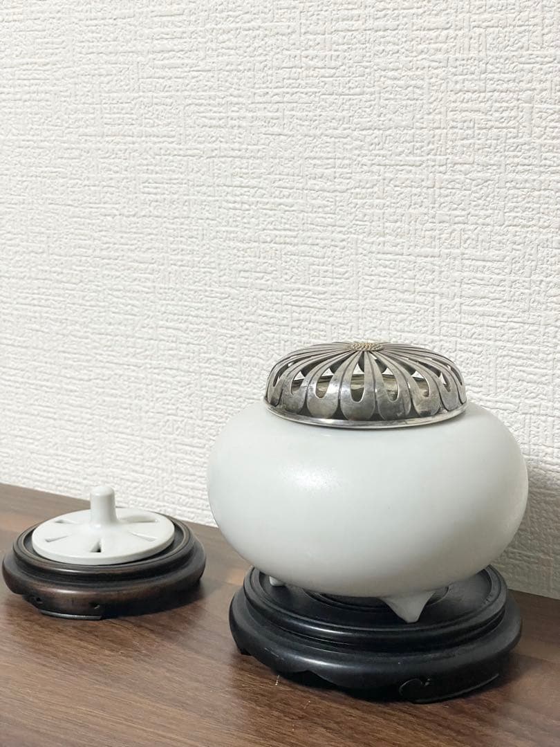 純銀蓋56g 菊透かし香炉 陶器 時代物 高9.6cm