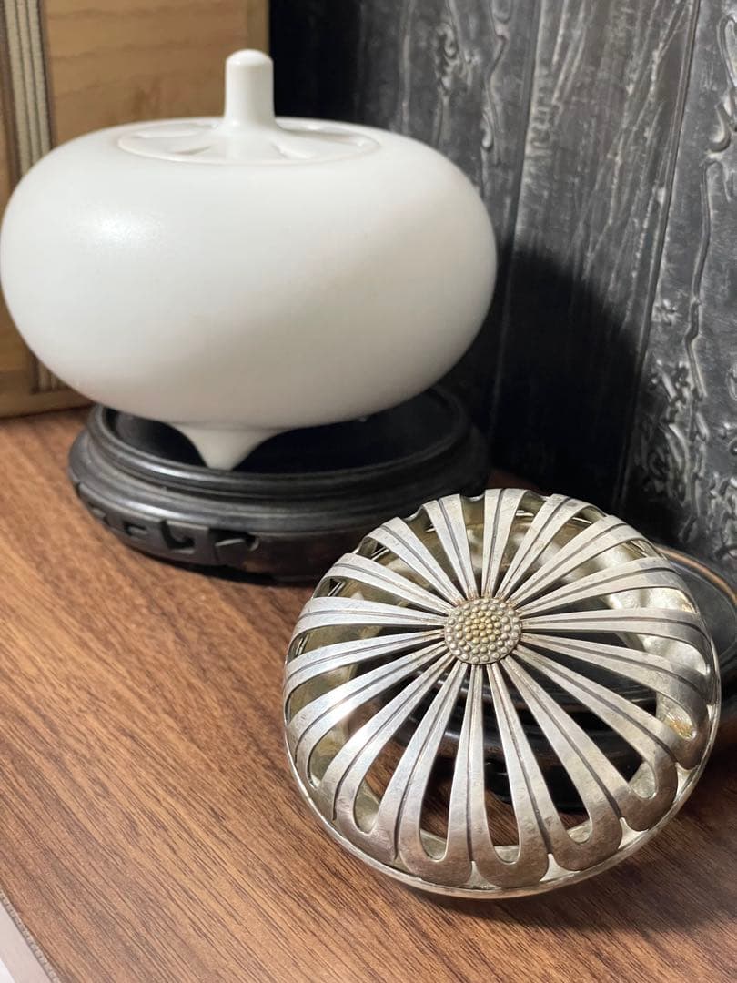 純銀蓋56g 菊透かし香炉 陶器 時代物 高9.6cm