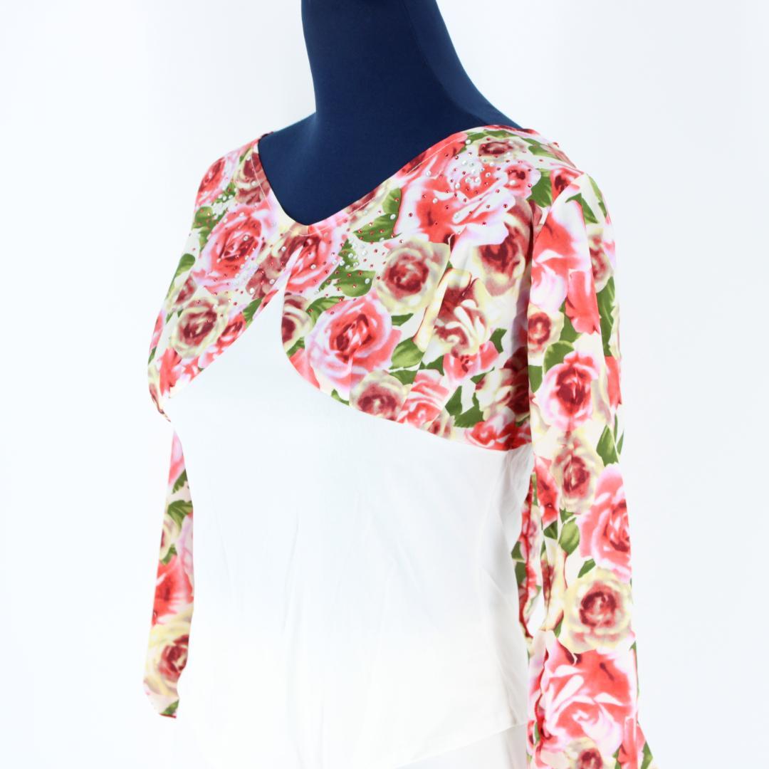 【美品 社交ダンス衣装】上下セット トップス スカート バラ 薔薇 赤 白 緑