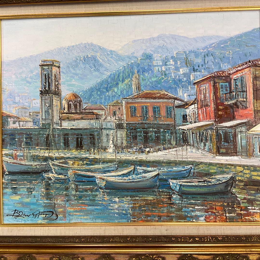 風景画 油彩画 港町の風景　作家名❓わかりません
