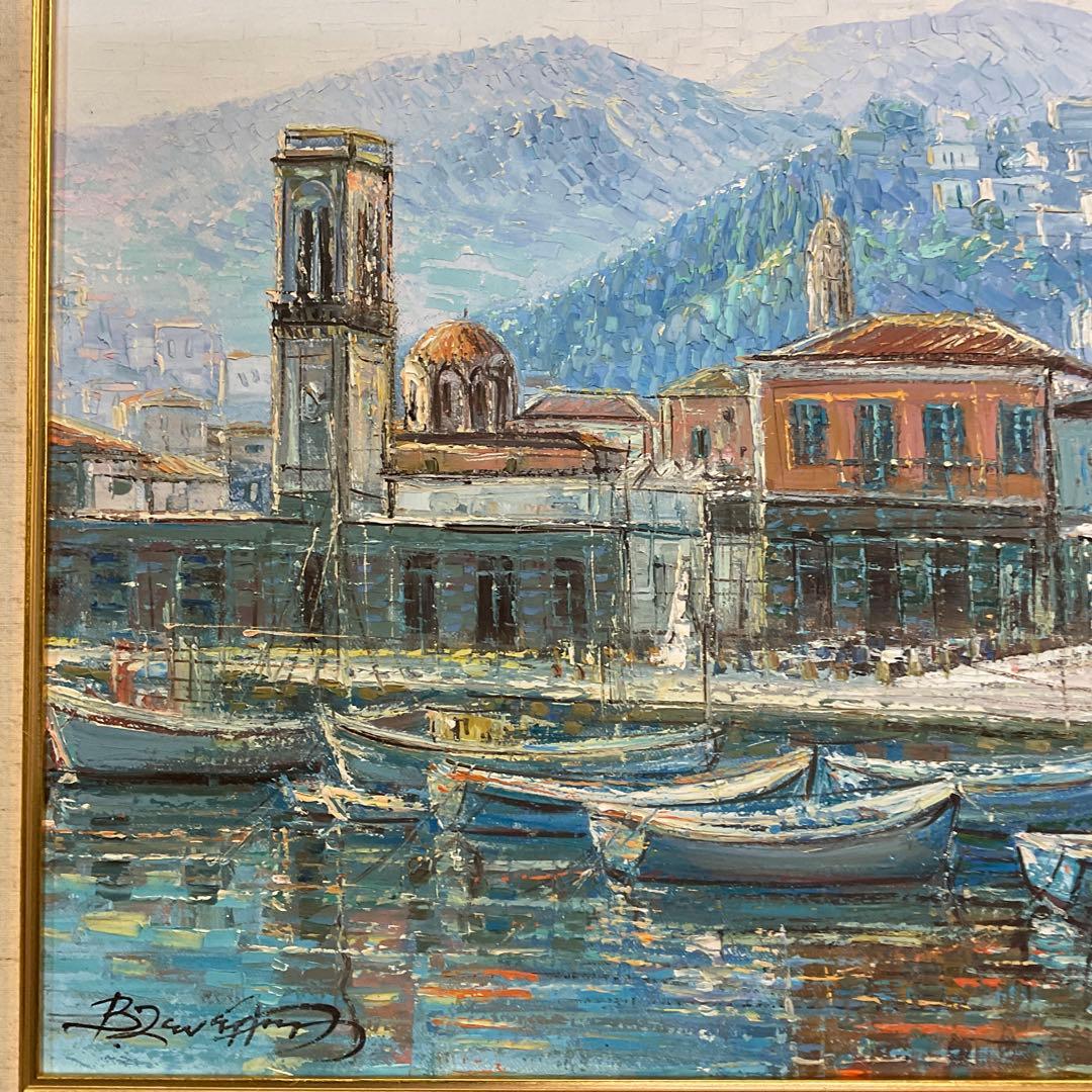 風景画 油彩画 港町の風景　作家名❓わかりません