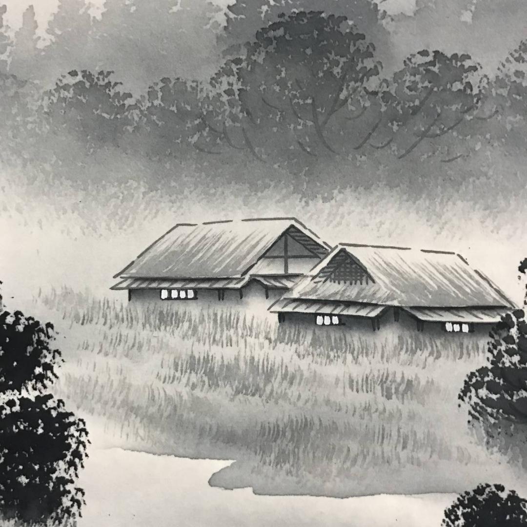 【真作】渓水/山村図/山水図/田家図/横物/掛軸☆宝船☆AB-664