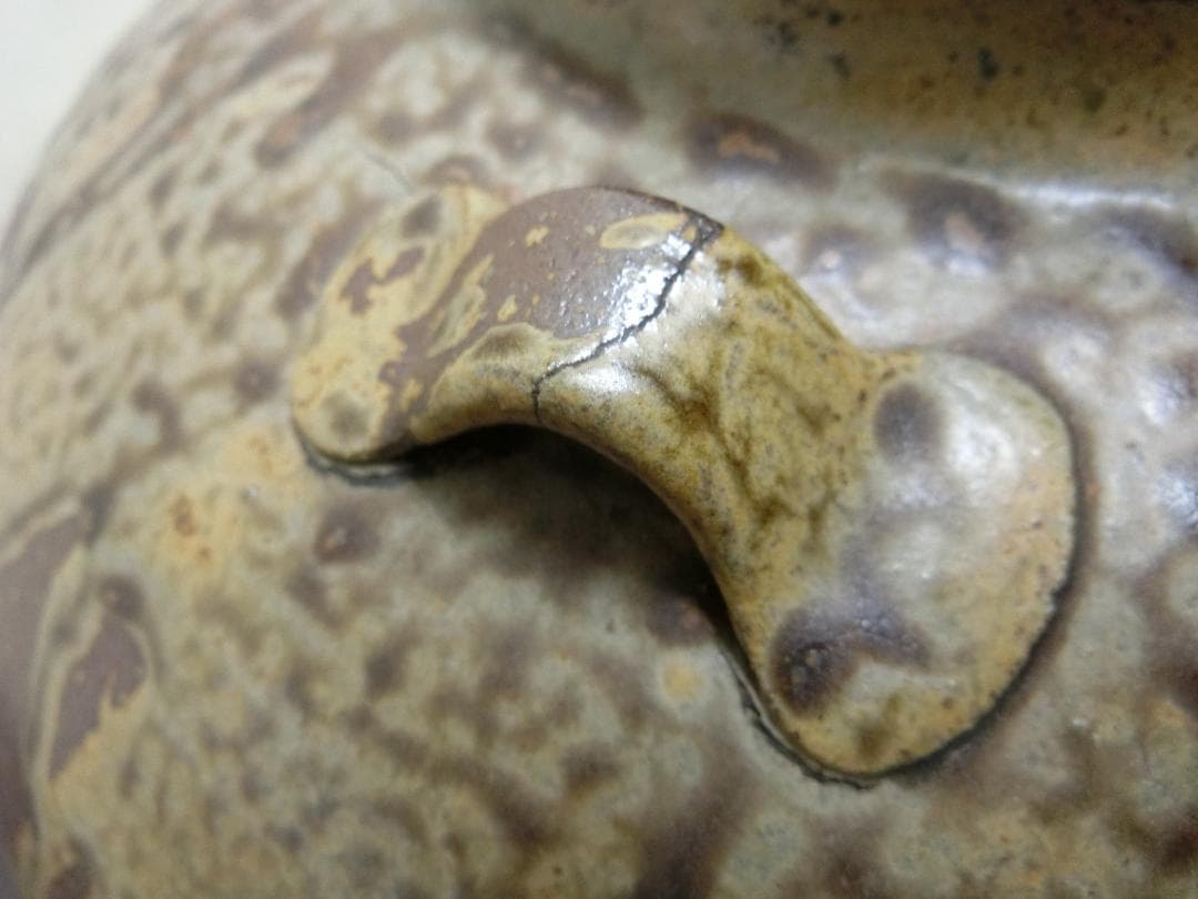 飾り映え！【壺　3耳壺 流れ釉　緑釉垂れ釉　景色抜群　丹波】★鑑賞　目を引きます