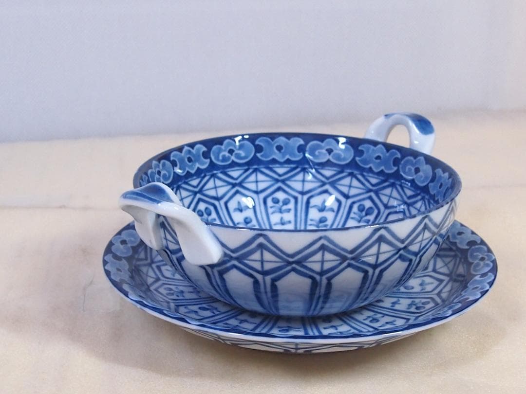 【未使用】三洋陶器 龍峰窯 花風流 染付小花紋 台皿付きスープカップ 5客 食器