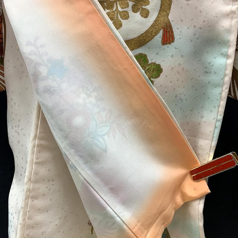 601ag27□七五三 七歳 セミアンティーク 女児 着物&袋帯 扇に花□良好