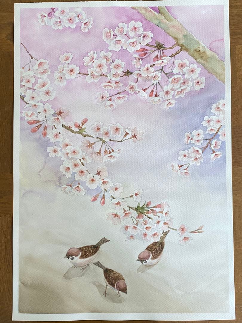 水彩画　透明水彩　スズメと桜　雀　絵画　春の絵　春の鳥　マーメイド紙　アート