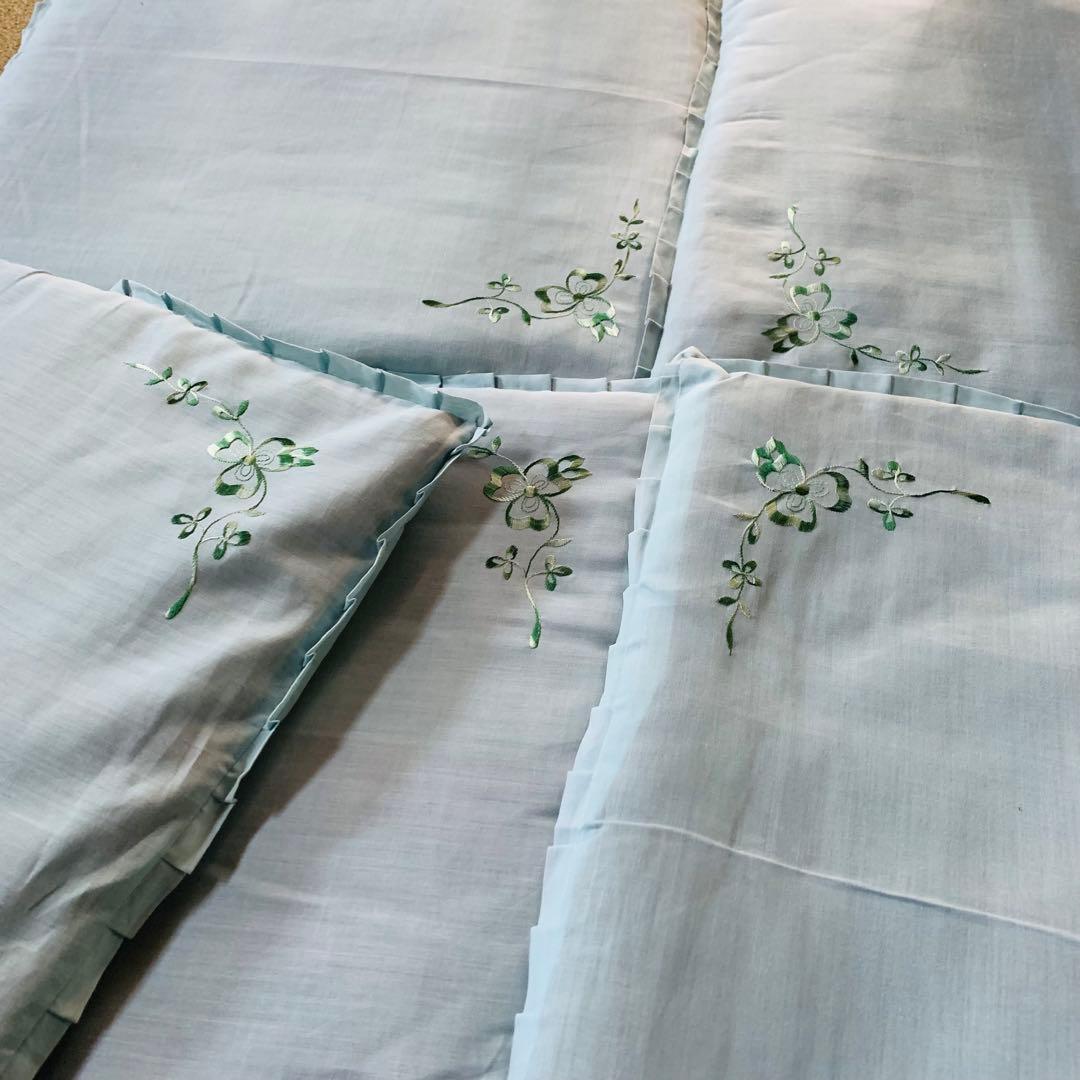 水色 花刺繍 座布団5枚セット ティファニーブルー