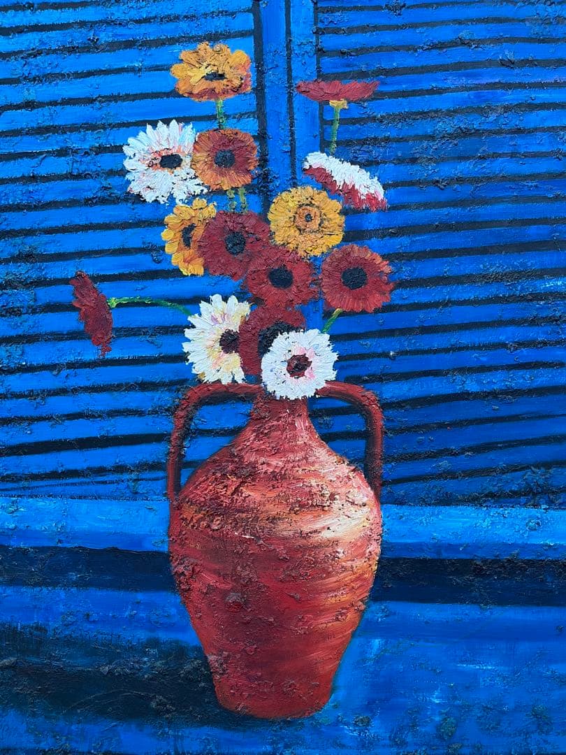 赤い花瓶と花の油彩画