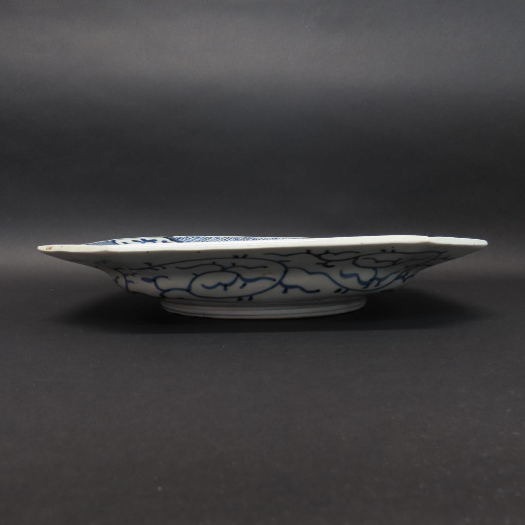 ⭕408 古伊万里 染付 牡丹花文 四方隅切額皿 無傷 30cm 江戸後期