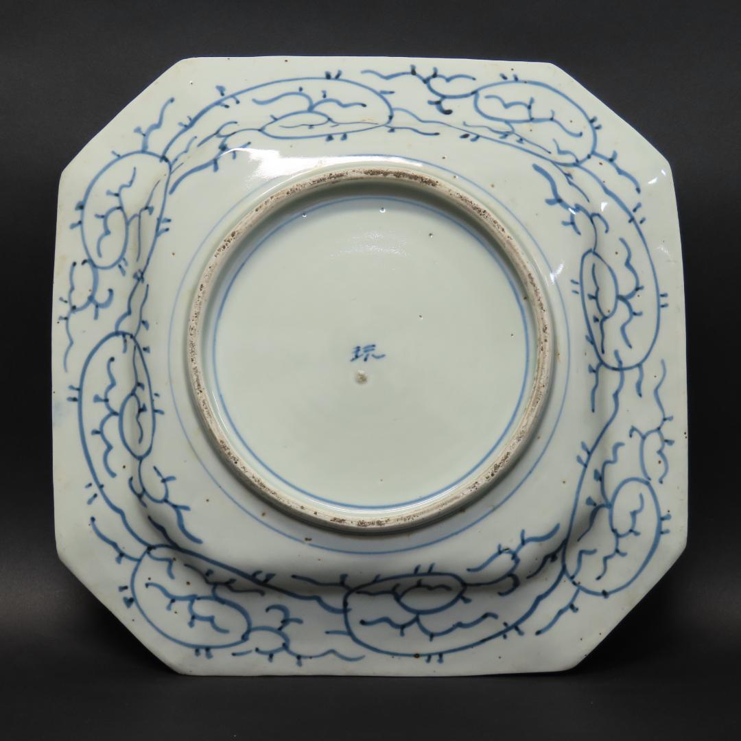⭕408 古伊万里 染付 牡丹花文 四方隅切額皿 無傷 30cm 江戸後期